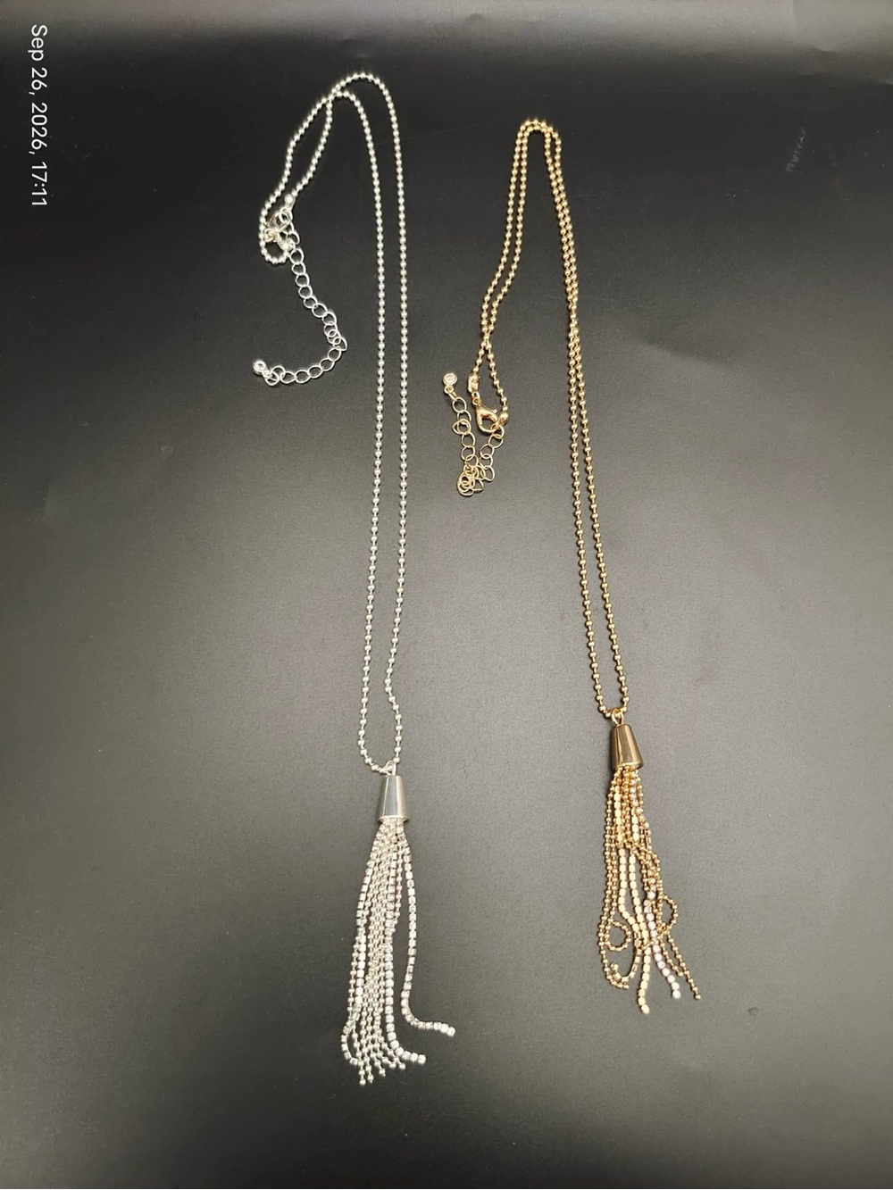 NWOT Nordstrom Rack 2 Necklaces Gold and Silver Tassel Crystal Fringe Pendant